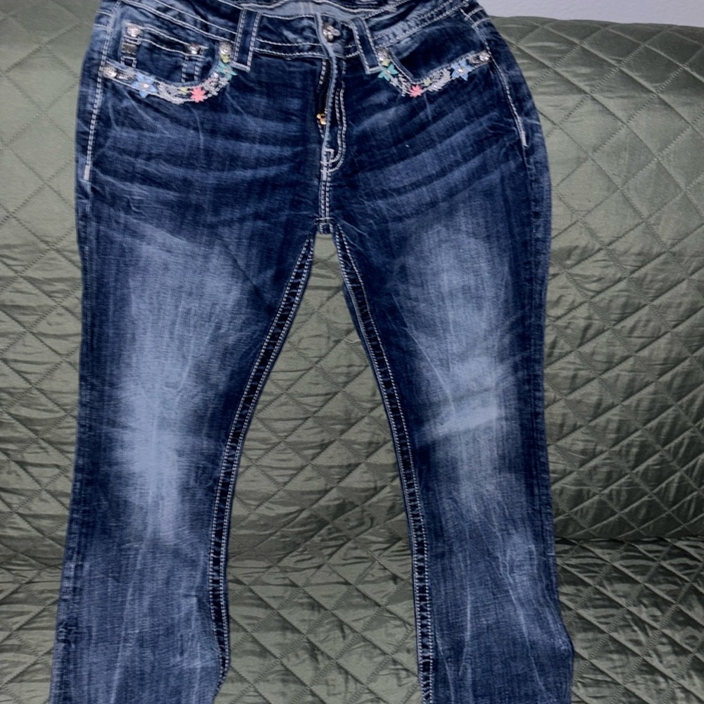 Miss Me Dark Blue Boot Cut Jeans with Embroidered Pockets